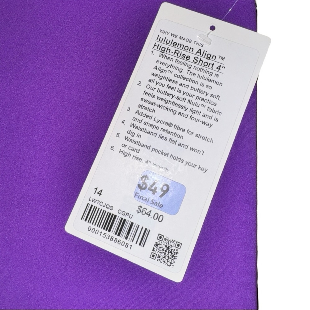 Lululemon Align High-Rise Short 4” Nulu College Purple Size 14 Yoga NWT - Picture 13 of 13